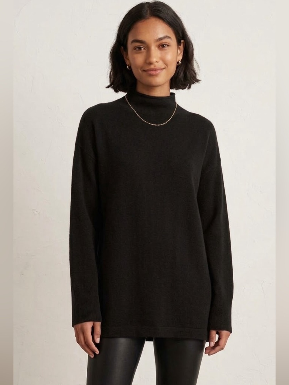Nordstrom 100% Cashmere Black Mock Neck Tunic Sweater Small